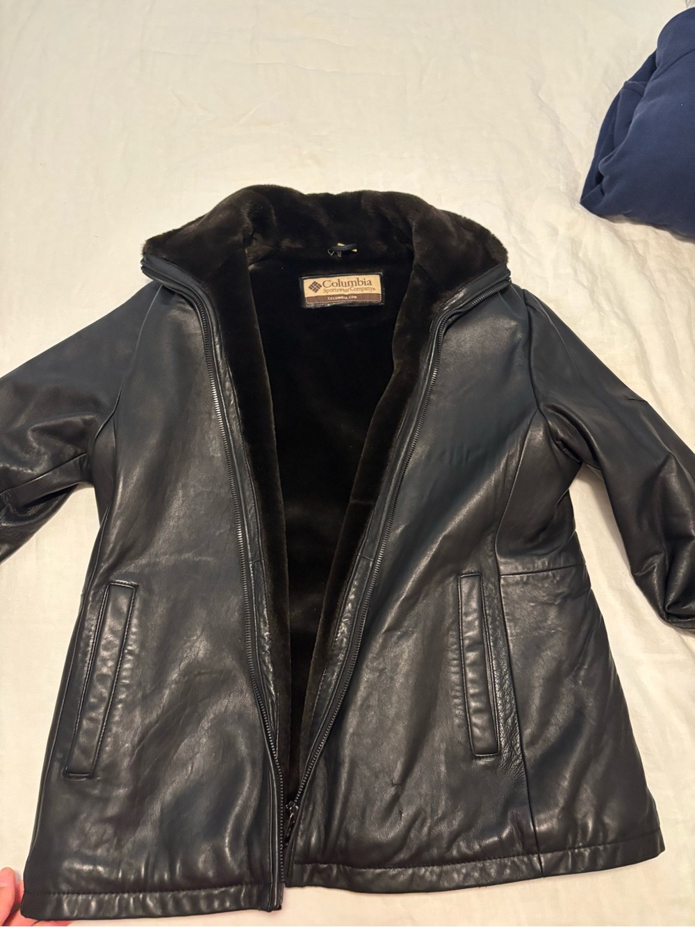 Columbia Black Leather Jacket with Faux Fur Collar